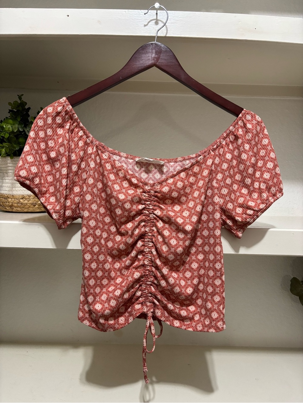Pink Rose Rust Floral Ruched Drawstring Crop Top